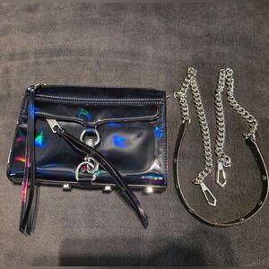 Rebecca Minkoff Holographic Black Clutch with Silver Chain